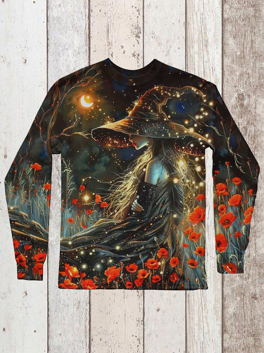 Witch Art Print Unisex Round Neck Long Sleeve Casual T-Shirt