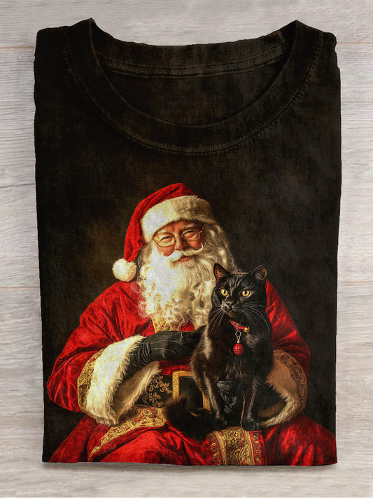 Santa Claus and Cat Art Print Unisex Crew Neck Short Sleeve Casual T-Shirt