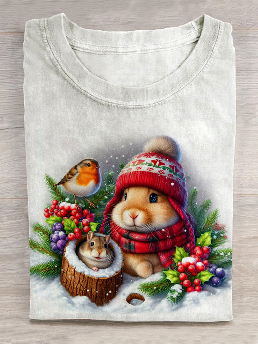 Christmas Bunny Art Print Unisex Round Neck Short Sleeve Casual T-Shirt