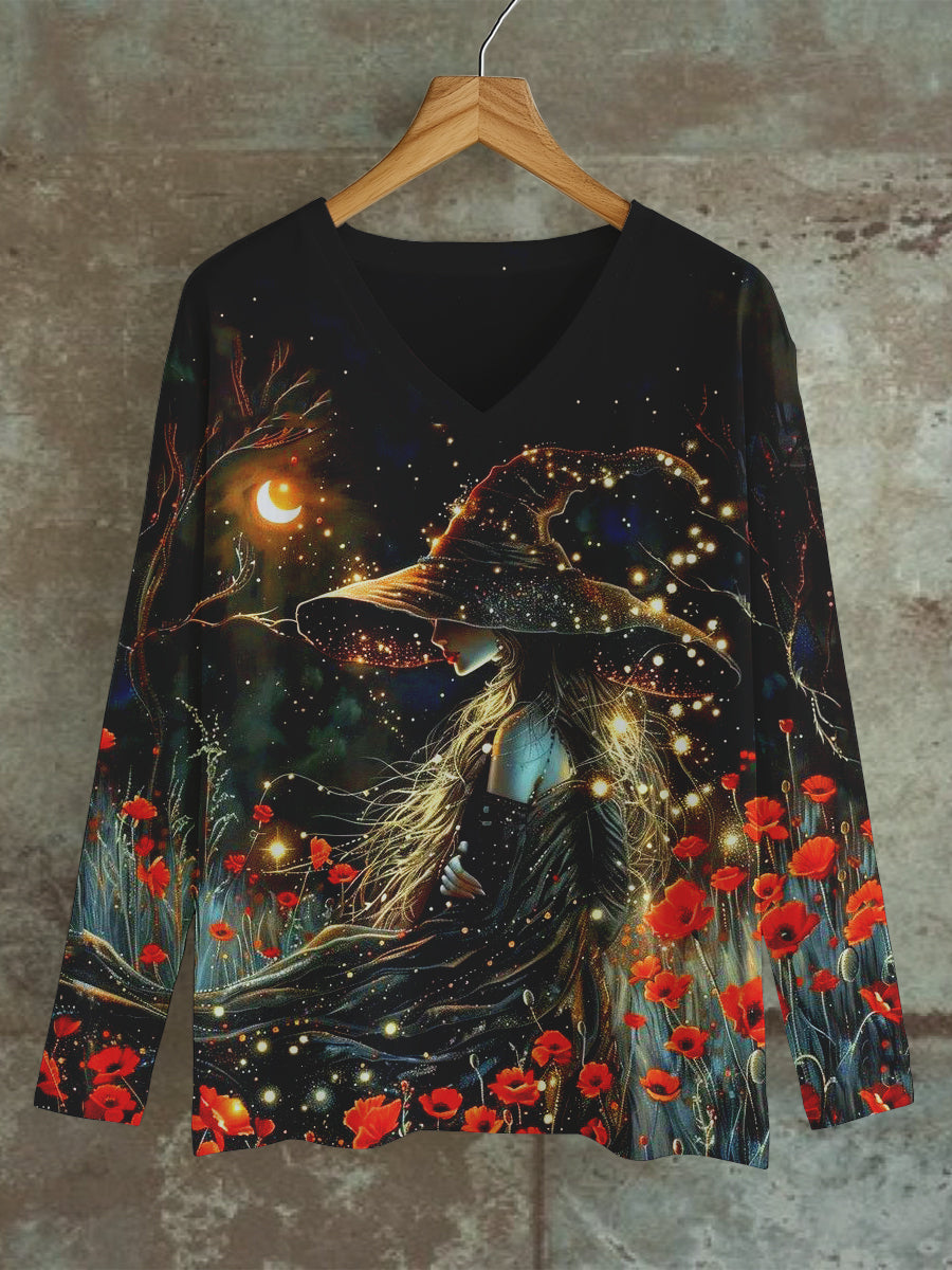 Witch Art Print Unisex V-Neck Long Sleeve Casual T-Shirt