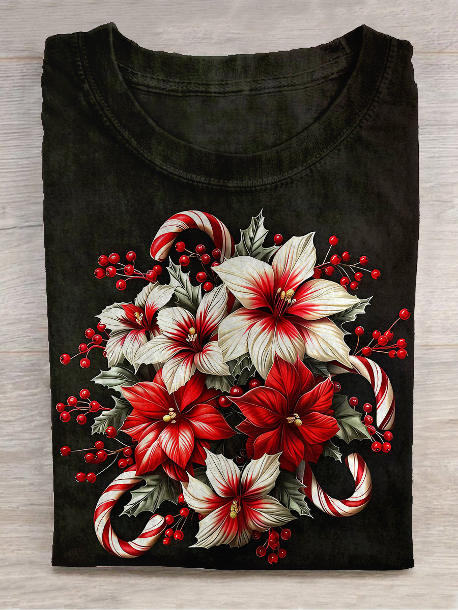 Floral Red Berry Christmas Art Print Unisex Crew Neck Short Sleeve Casual T-Shirt