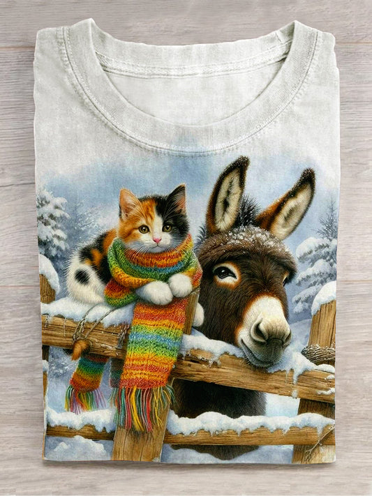 Cat And Donkey Wearing Christmas Scarf Christmas Art Print Unisex Round Neck Short Sleeve Casual T-Shirt