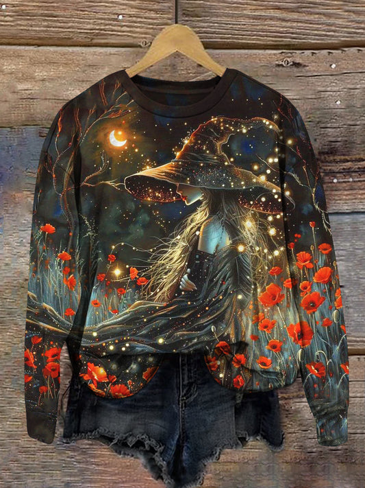 Witch Art Print Unisex Crew Neck Long Sleeve Casual Sweatshirt