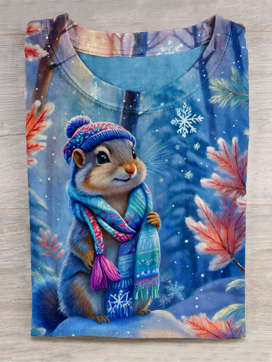 Christmas Squirrel Snow Scene Art Print Unisex Round Neck Short Sleeve Casual T-shirt