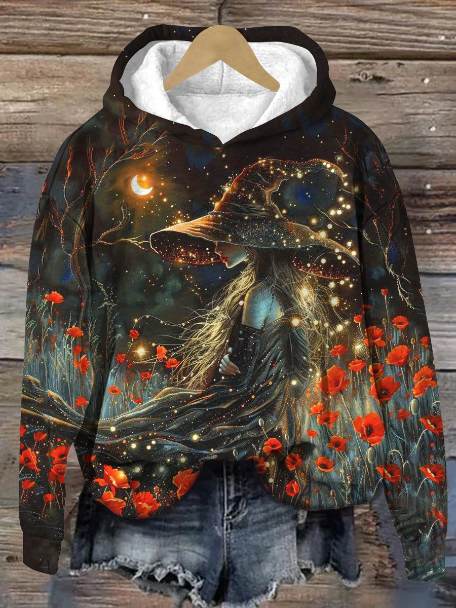 Witch Art Print Unisex Long Sleeve Casual Hooded Sweatshirt