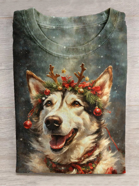 Christmas Sled Dog Art Print Unisex Round Neck Short Sleeve Casual T-Shirt