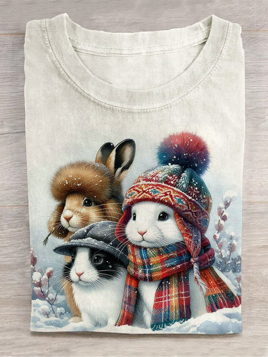 Rabbit Christmas Art Print Unisex Round Neck Short Sleeve Casual T-Shirt