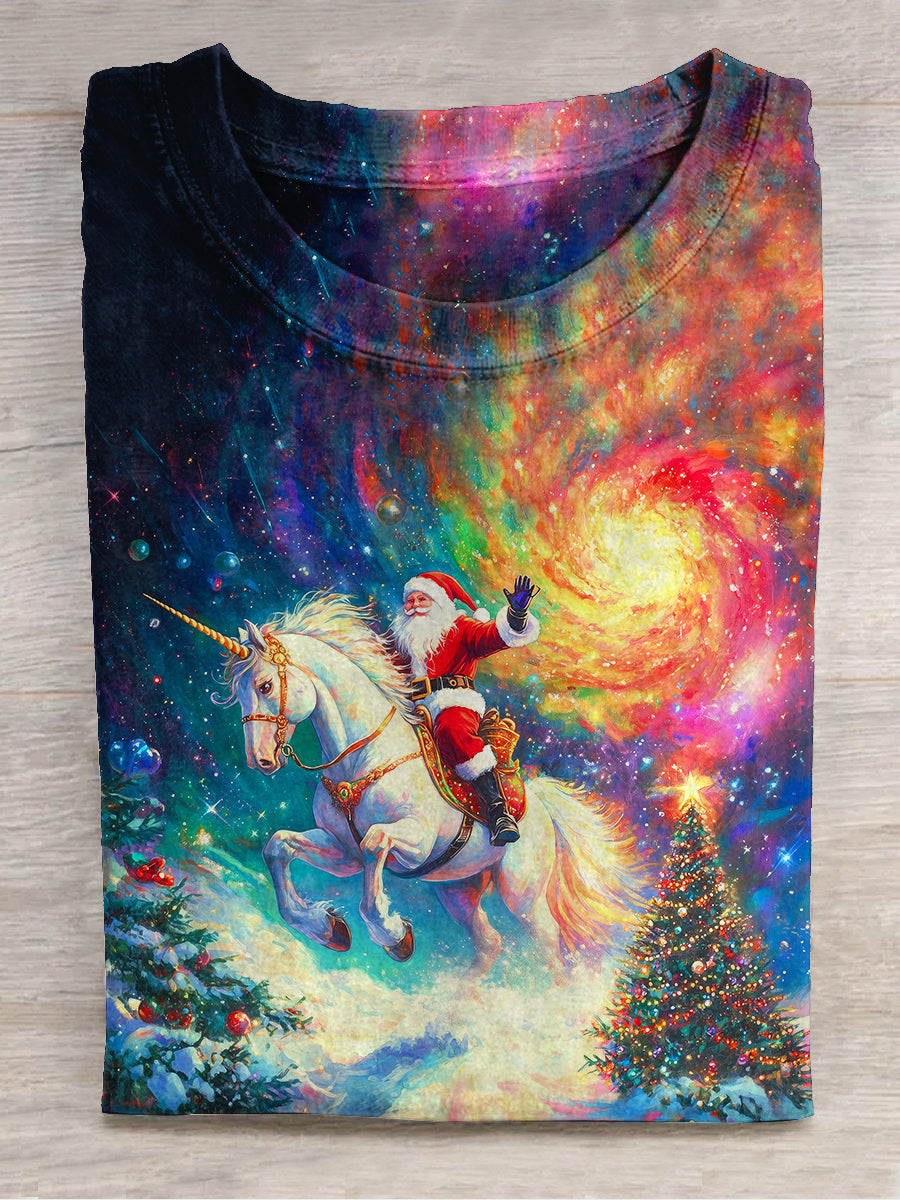 Santa Claus and Unicorn Christmas Art Print Unisex Crew Neck Short Sleeve Casual T-Shirt