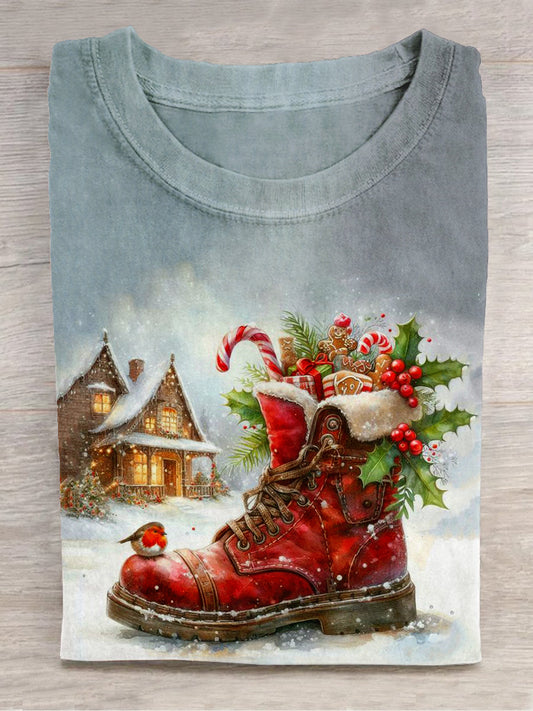 Christmas Boots Art Print Unisex Round Neck Short Sleeve Casual T-Shirt