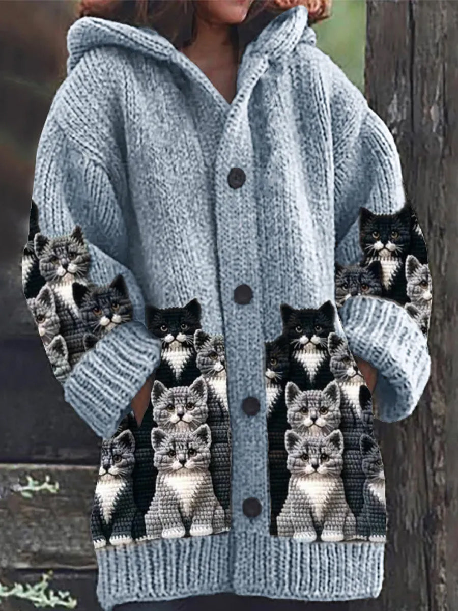 Retro Cute Pet Print Button Up Thick Long-Sleeved Hooded Cardigan Sweater