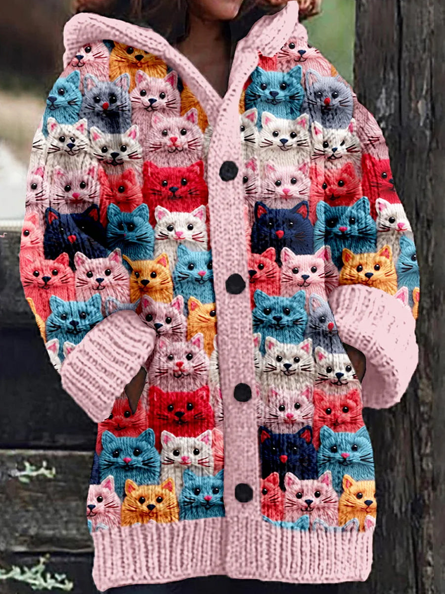 Retro Cute Pet Print Button Up Thick Long-Sleeved Hooded Cardigan Sweater