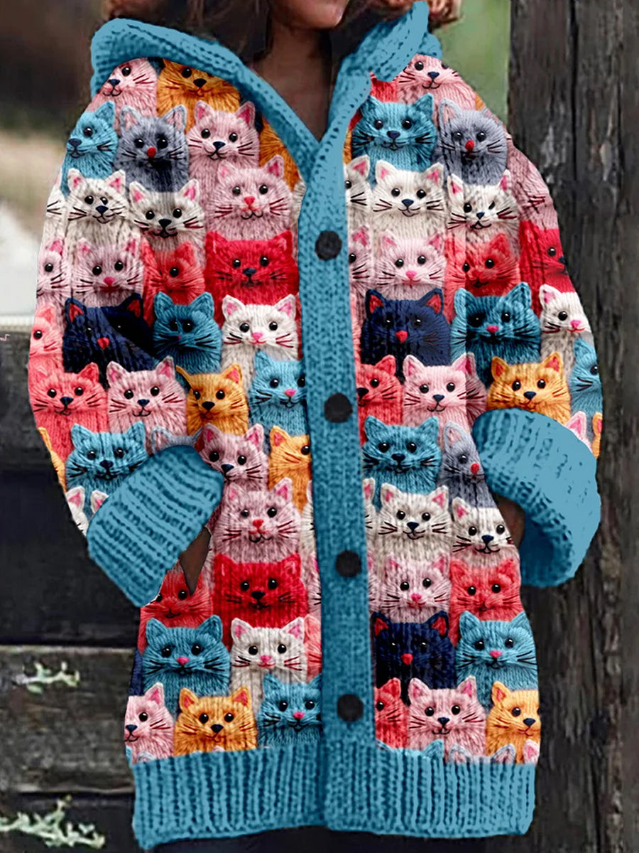 Retro Cute Pet Print Button Up Thick Long-Sleeved Hooded Cardigan Sweater