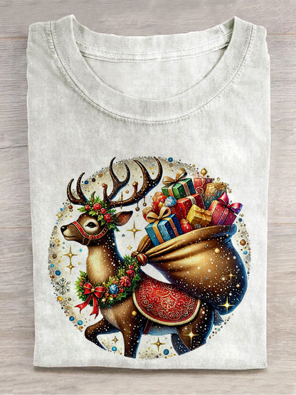 Deer Christmas Art Print Round Neck Short Sleeve Casual T-Shirt