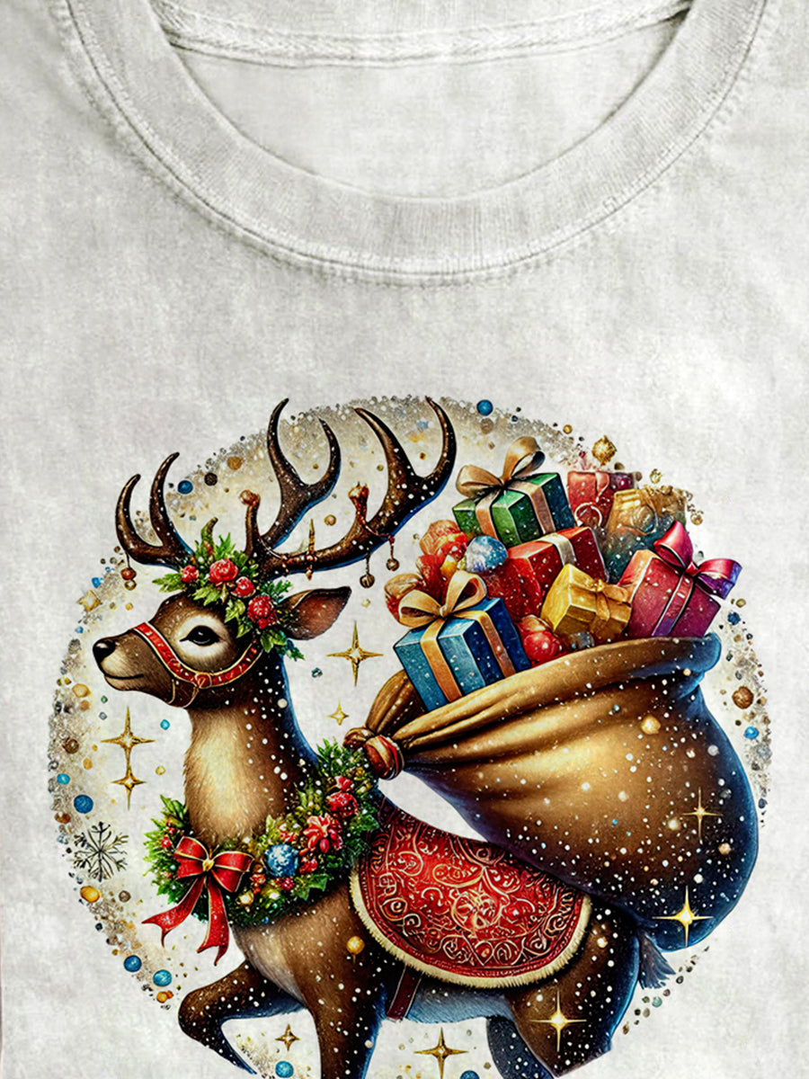 Deer Christmas Art Print Round Neck Short Sleeve Casual T-Shirt