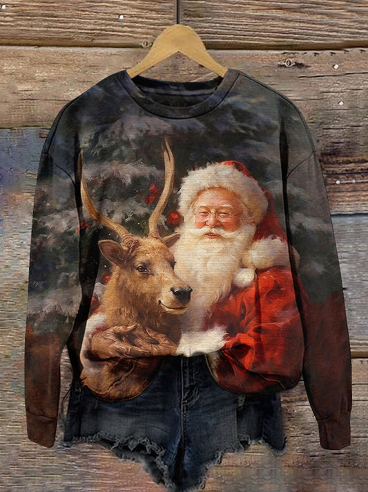 Santa Claus and Deer Art Print Crew Neck Long Sleeve Casual Sweatshirt