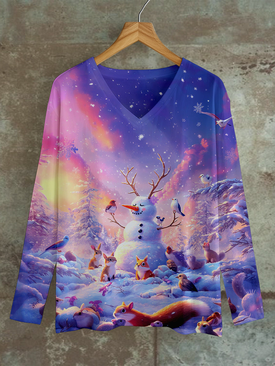 Christmas Snowman Art Print Unisex V-Neck Long Sleeve Casual T-Shirt