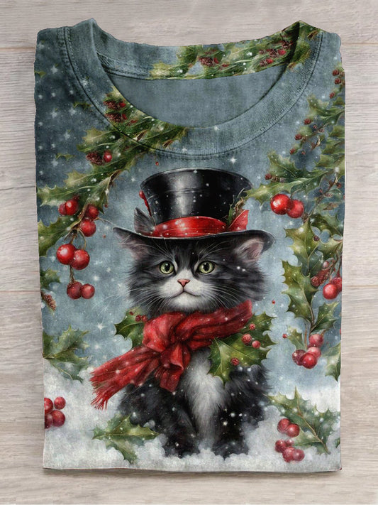 Black Cat Christmas Art Print Unisex Round Neck Short Sleeve Casual T-Shirt