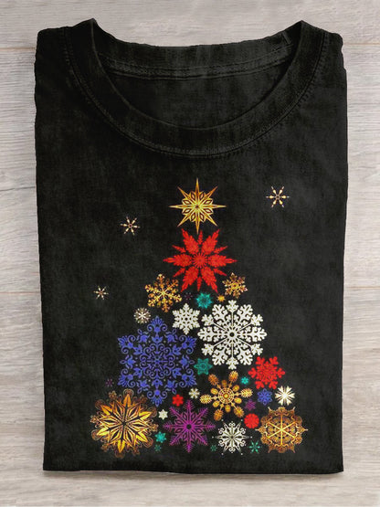 Christmas Snowflake Tree Art Print Round Neck Short Sleeve Casual T-Shirt