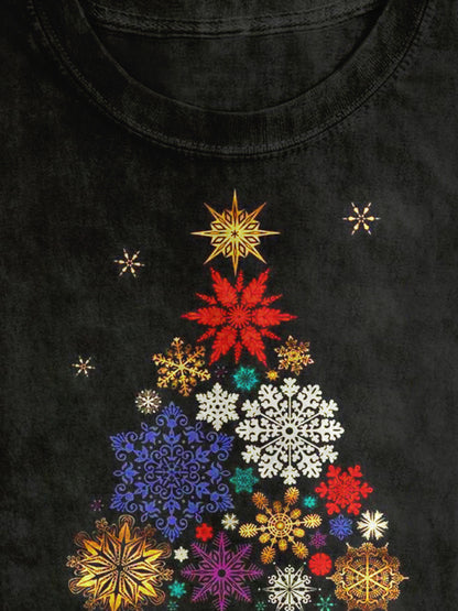 Christmas Snowflake Tree Art Print Round Neck Short Sleeve Casual T-Shirt