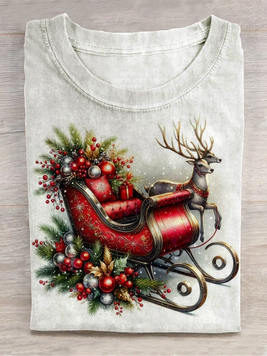 Christmas Sleigh Art Print Unisex Round Neck Short Sleeve Casual T-Shirt