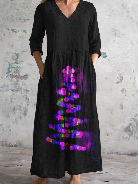 Christmas Tree Art Print Women's V-Neck Long Sleeve Pocket Dress