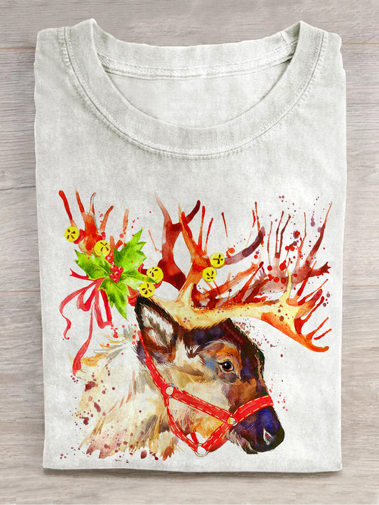 Deer Christmas Art Print Round Neck Short Sleeve Casual T-Shirt