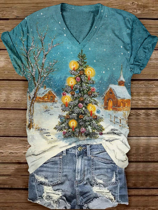 Christmas Tree Art Print Unisex V-Neck Short Sleeve Casual T-Shirt