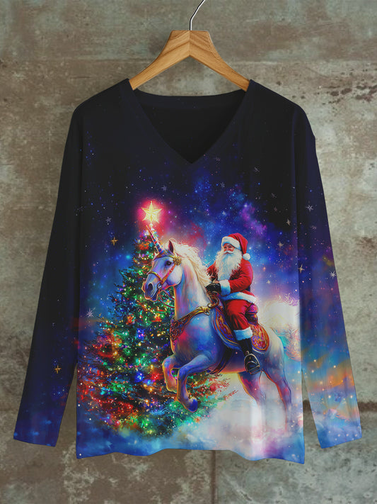 Santa Claus Art Print Unisex V-Neck Long Sleeve Casual T-Shirt