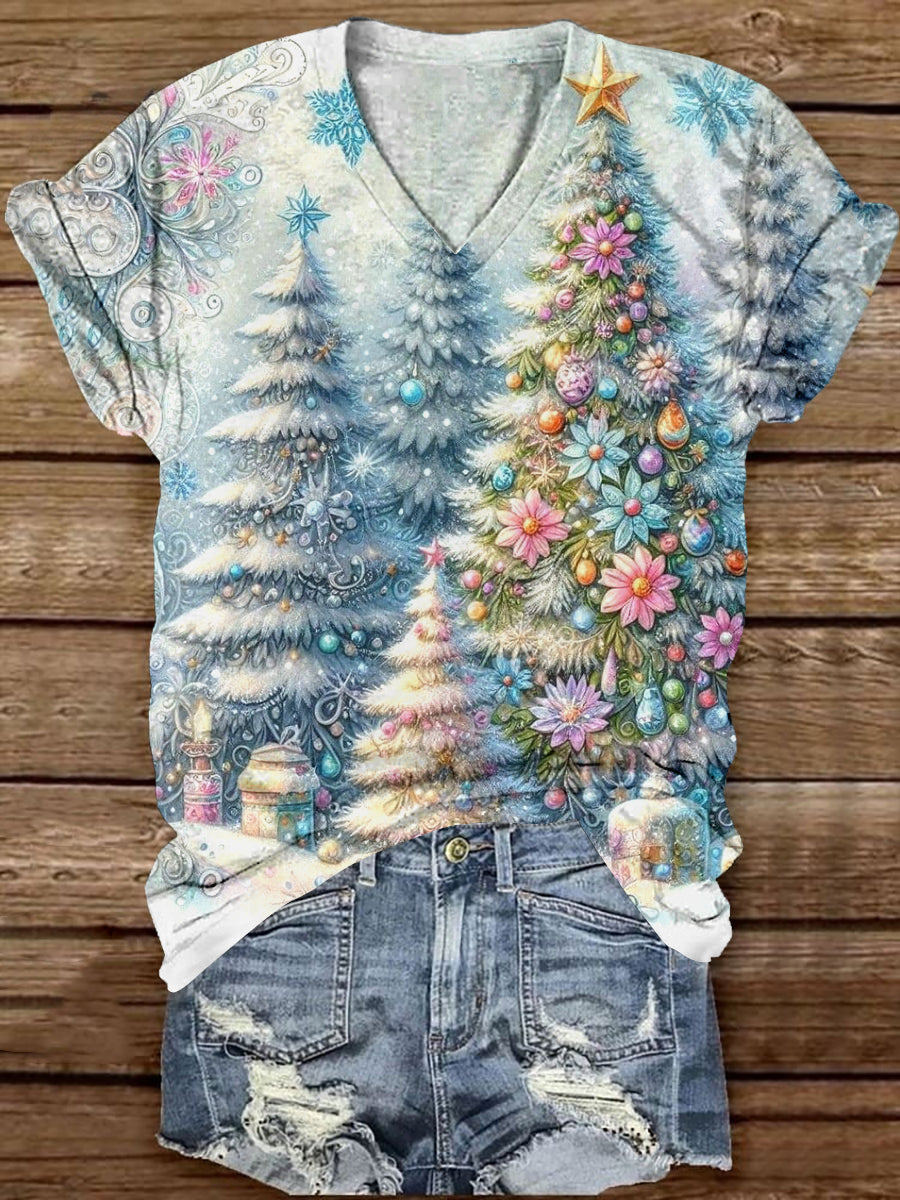 Christmas Tree Art Print Unisex V-Neck Short Sleeve Casual T-Shirt