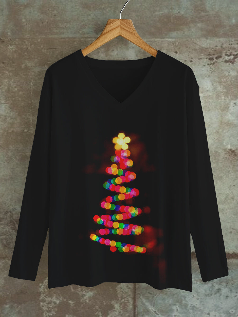 Christmas Tree Art Print Unisex V-Neck Long Sleeve Casual T-Shirt