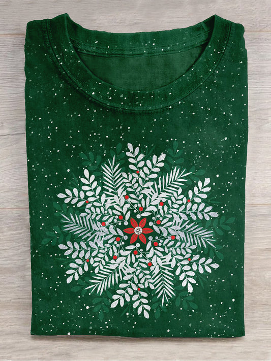 Christmas Snowflake Art Print Round Neck Short Sleeve Casual T-Shirt