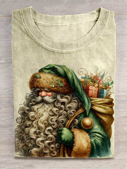 Santa Claus Christmas Gift Art Print Round Neck Short Sleeve Casual T-shirt