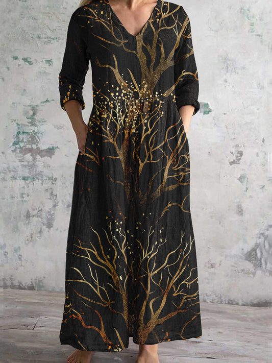 Christmas Tree Art Print Women's V-Neck Long Sleeve Pocket Dress