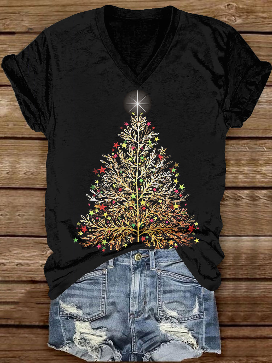 Christmas Tree Art Print Unisex V-Neck Short Sleeve Casual T-Shirt