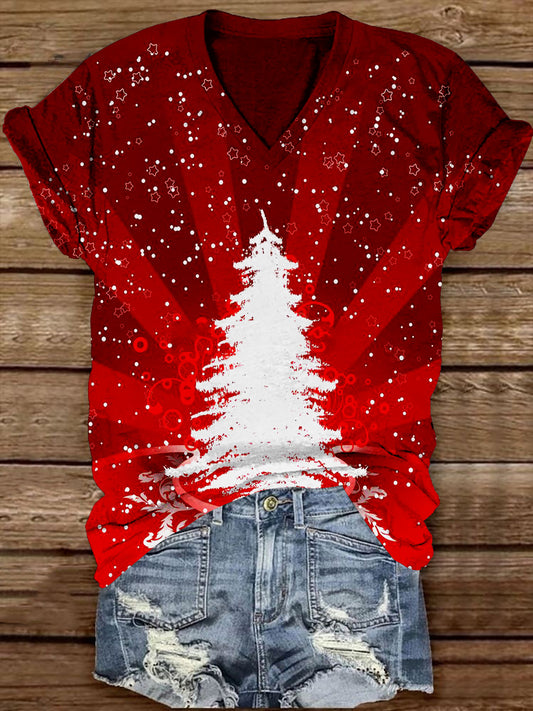 Christmas Tree Art Print Unisex V-Neck Short Sleeve Casual T-Shirt