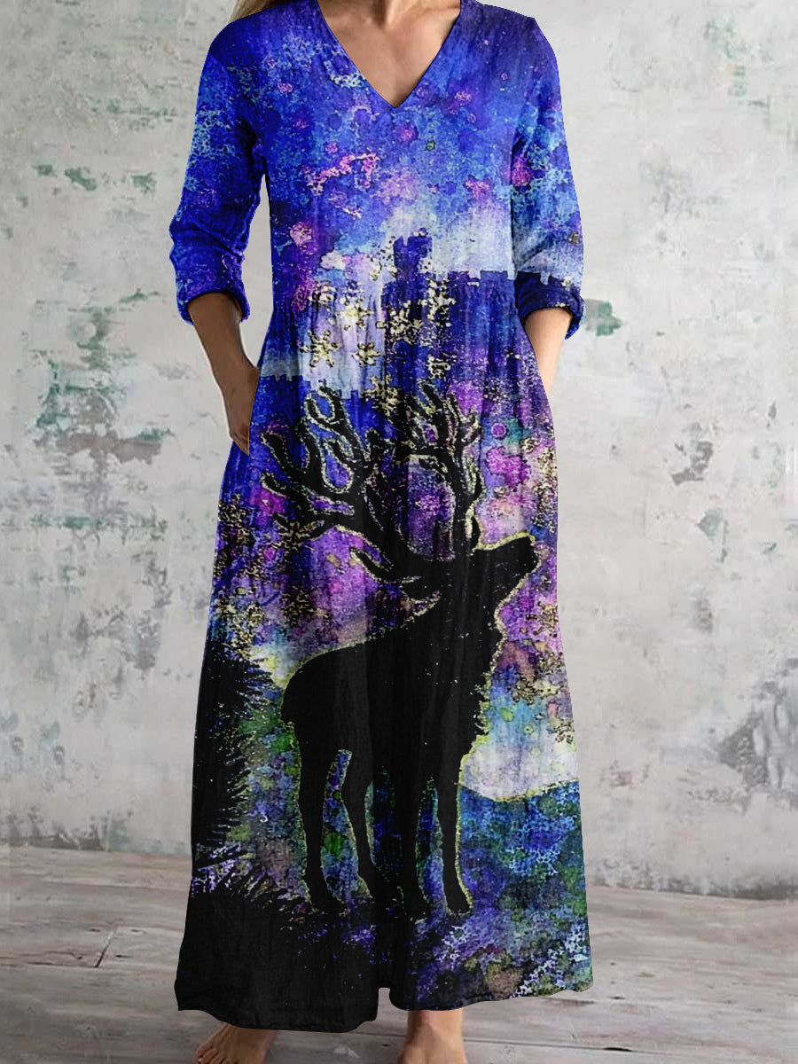 Deer Aurora Christmas Night Art Print Women's V-Neck Long Sleeve Pocket Dress