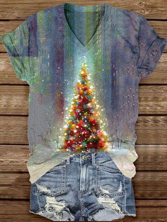 Christmas Tree Art Print Unisex V-Neck Short Sleeve Casual T-Shirt