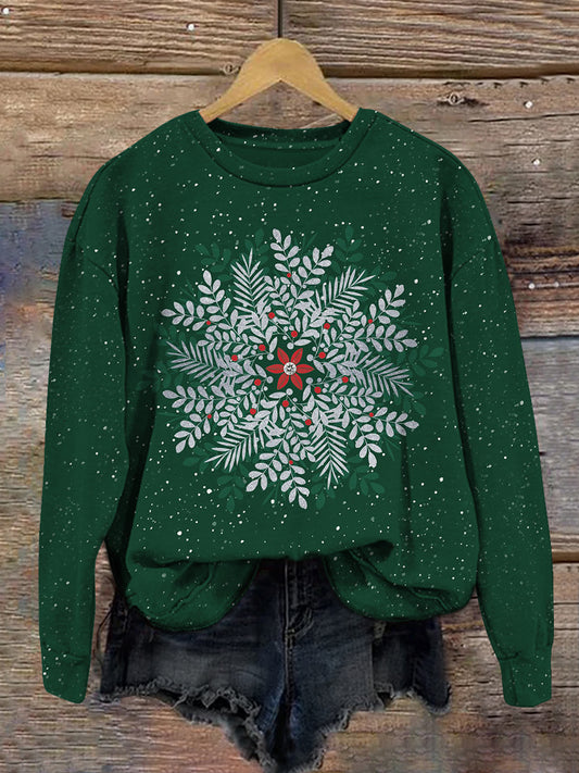 Snowflake Christmas Art Print Crew Neck Long Sleeve Casual Sweatshirt