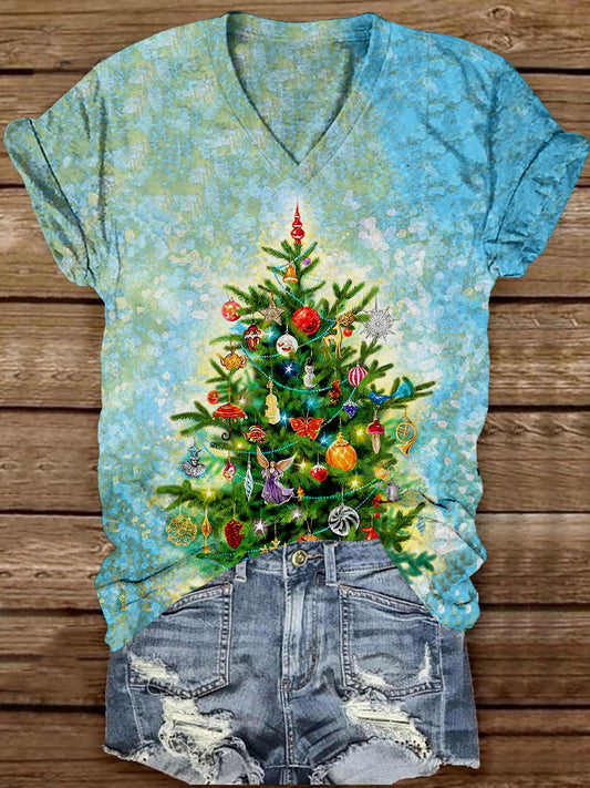 Christmas Tree Art Print Unisex V-Neck Short Sleeve Casual T-Shirt