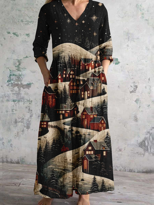 Christmas Snowflake Night Scenery Art Print Women's V-Neck Long Sleeve Pocket Dress