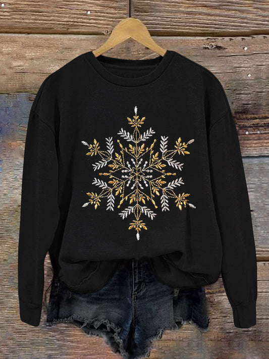 Snowflake Embroidery Pattern Christmas Art Print Round Neck Long Sleeve Casual Sweatshirt