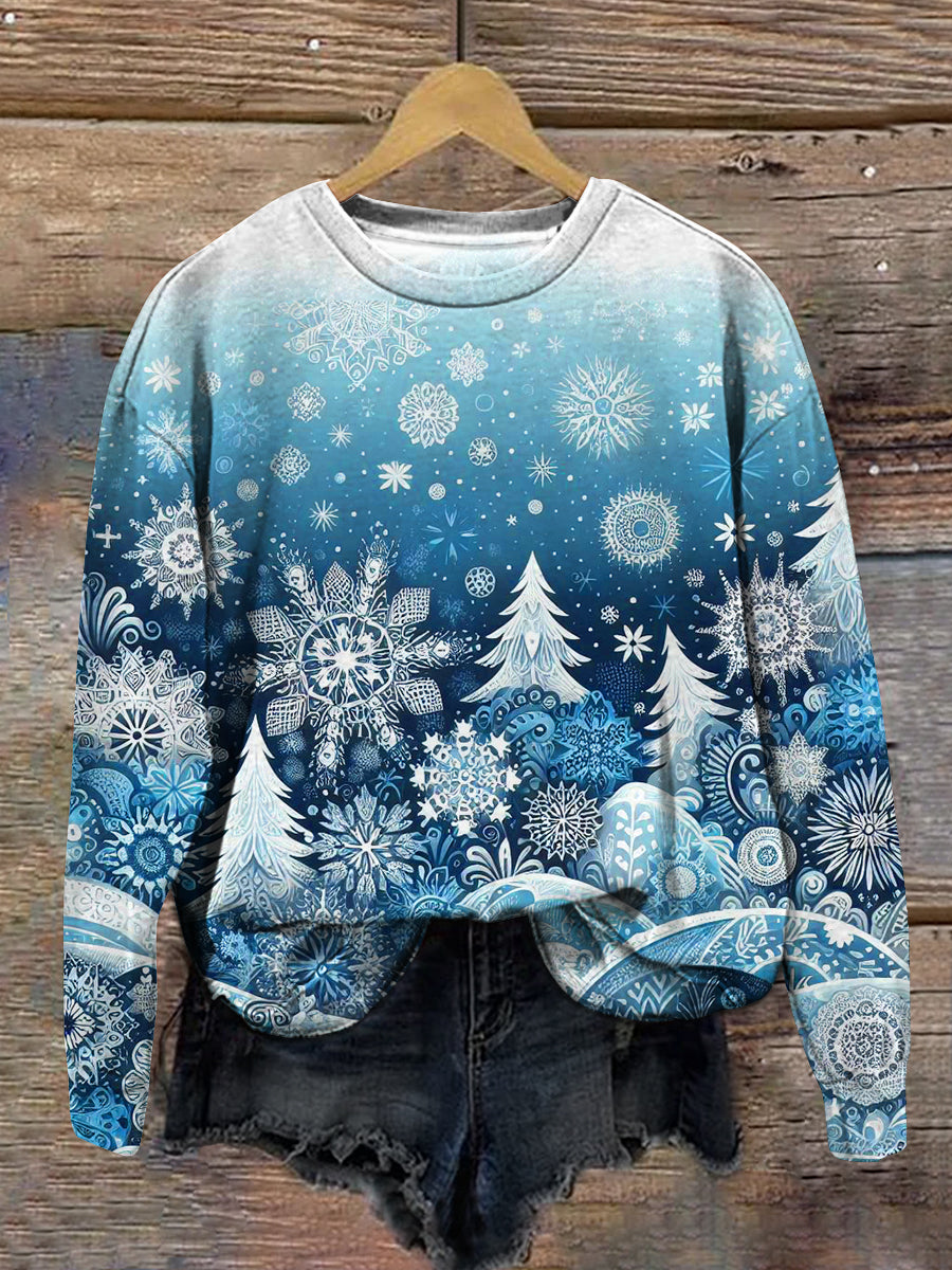 Snowflake Christmas Tree Christmas Art Print Round Neck Long Sleeve Casual Sweatshirt