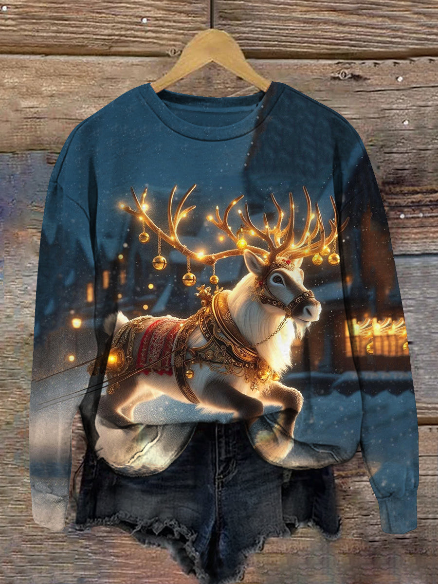 Deer Christmas Art Print Crew Neck Long Sleeve Casual Sweatshirt