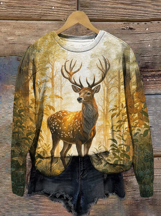 Deer Christmas Art Print Crew Neck Long Sleeve Casual Sweatshirt