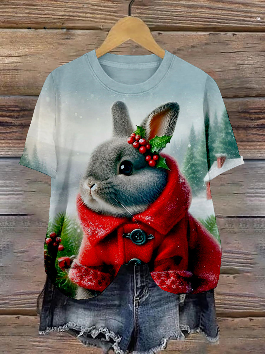 Rabbit Christmas Art Print Unisex Round Neck Short Sleeve Casual T-Shirt