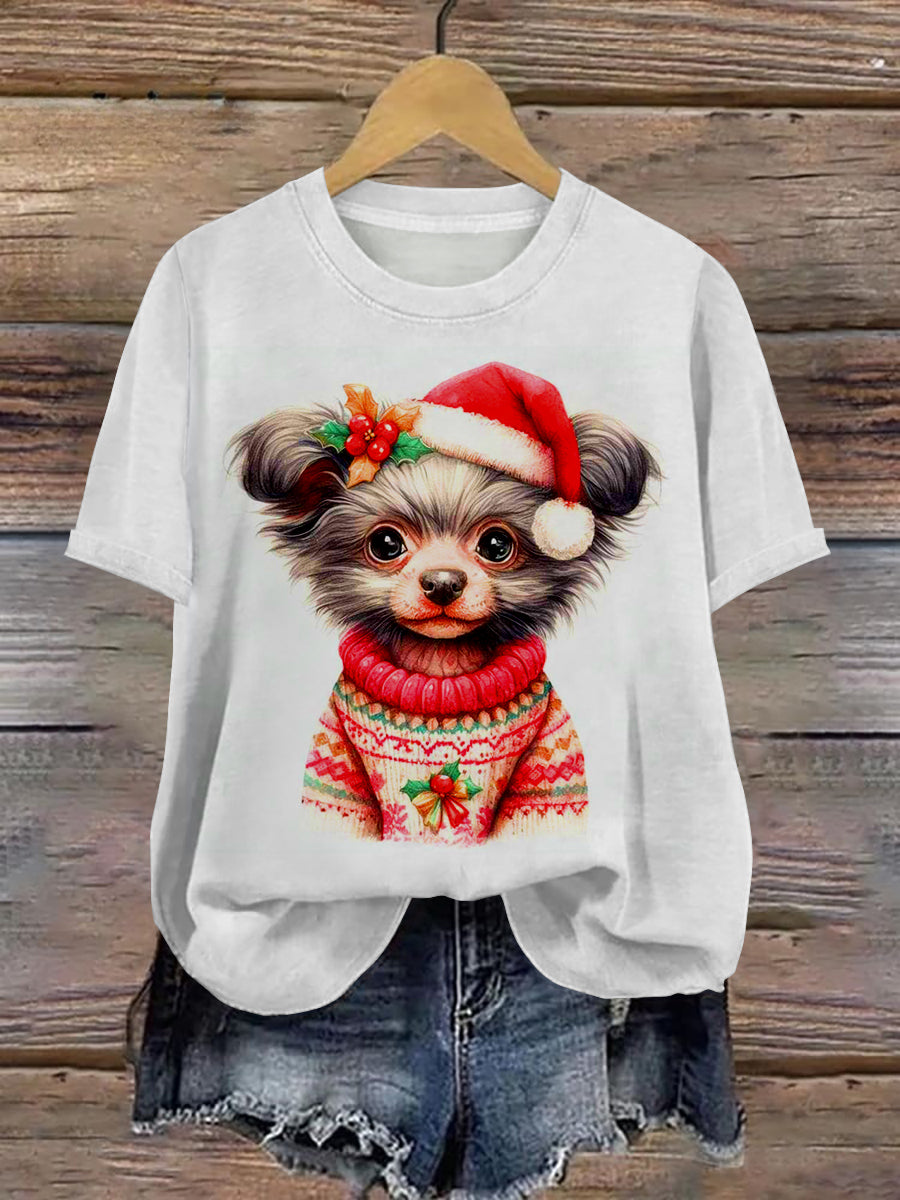 Dog Christmas Art Print Unisex Crew Neck Short Sleeve Casual T-Shirt