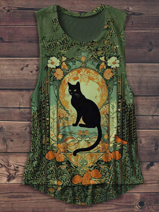 Divine Black Cat and Rose Art Print Unisex Casual Tank Top