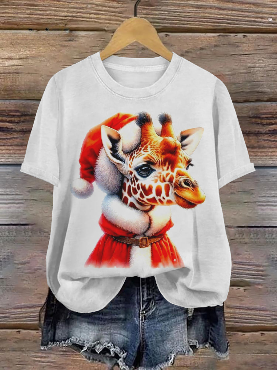 Giraffe Christmas Art Print Unisex Round Neck Short Sleeve Casual T-Shirt