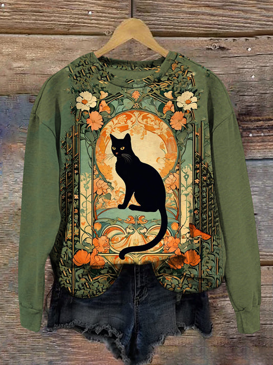 Divine Black Cat And Rose Art Print Unisex Crew Neck Long Sleeve Casual Sweatshirt