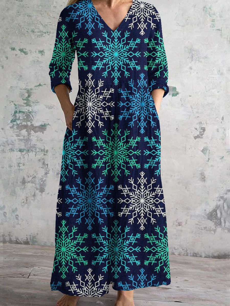 Snowflake Christmas Art Print Women's V-Neck Long Sleeve Pocket Dress